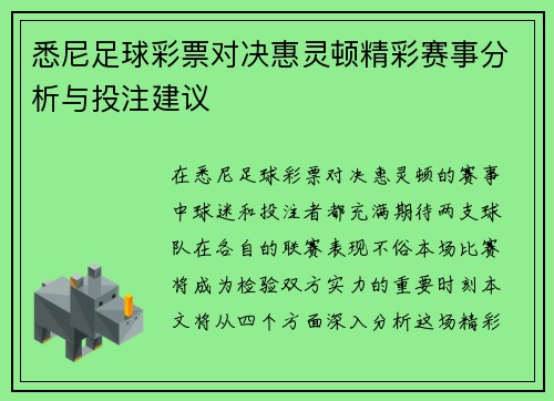 悉尼足球彩票对决惠灵顿精彩赛事分析与投注建议