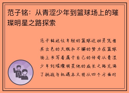 范子铭：从青涩少年到篮球场上的璀璨明星之路探索